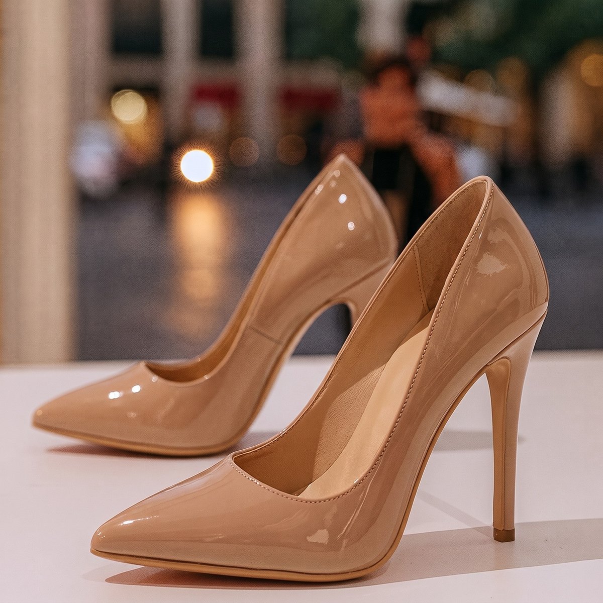 Women's Orthopedic Pointed-Toe Patent Stiletto Heel Pumps - Beige