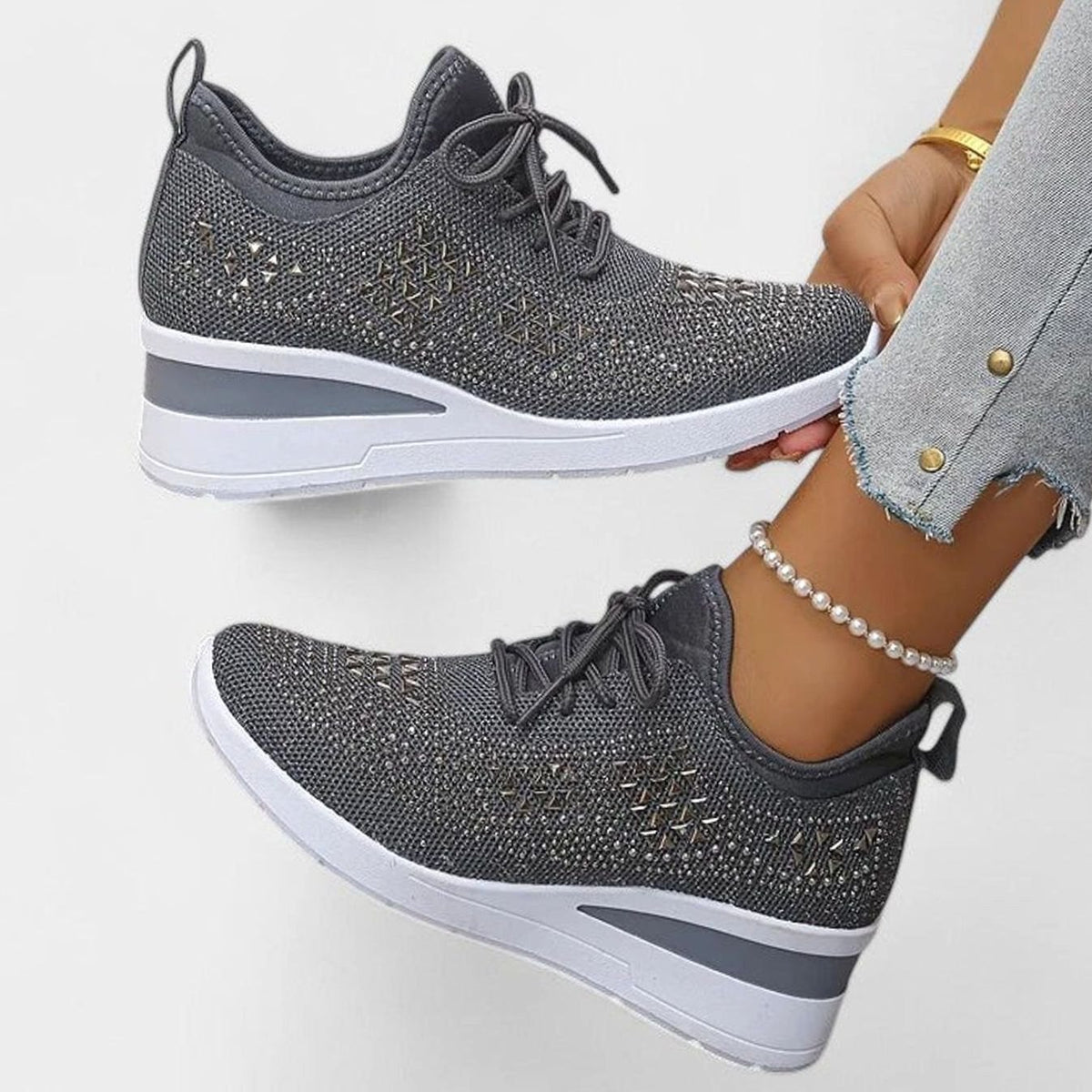 Women's Orthopedic Rhinestone Lace-Up Wedge Sneakers - Grey
