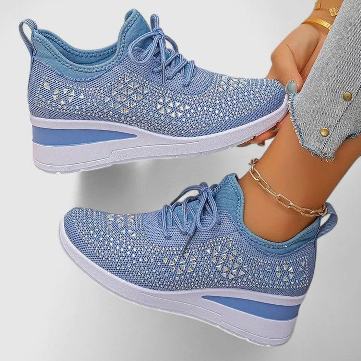 Women's Orthopedic Rhinestone Lace-Up Wedge Sneakers - Blue