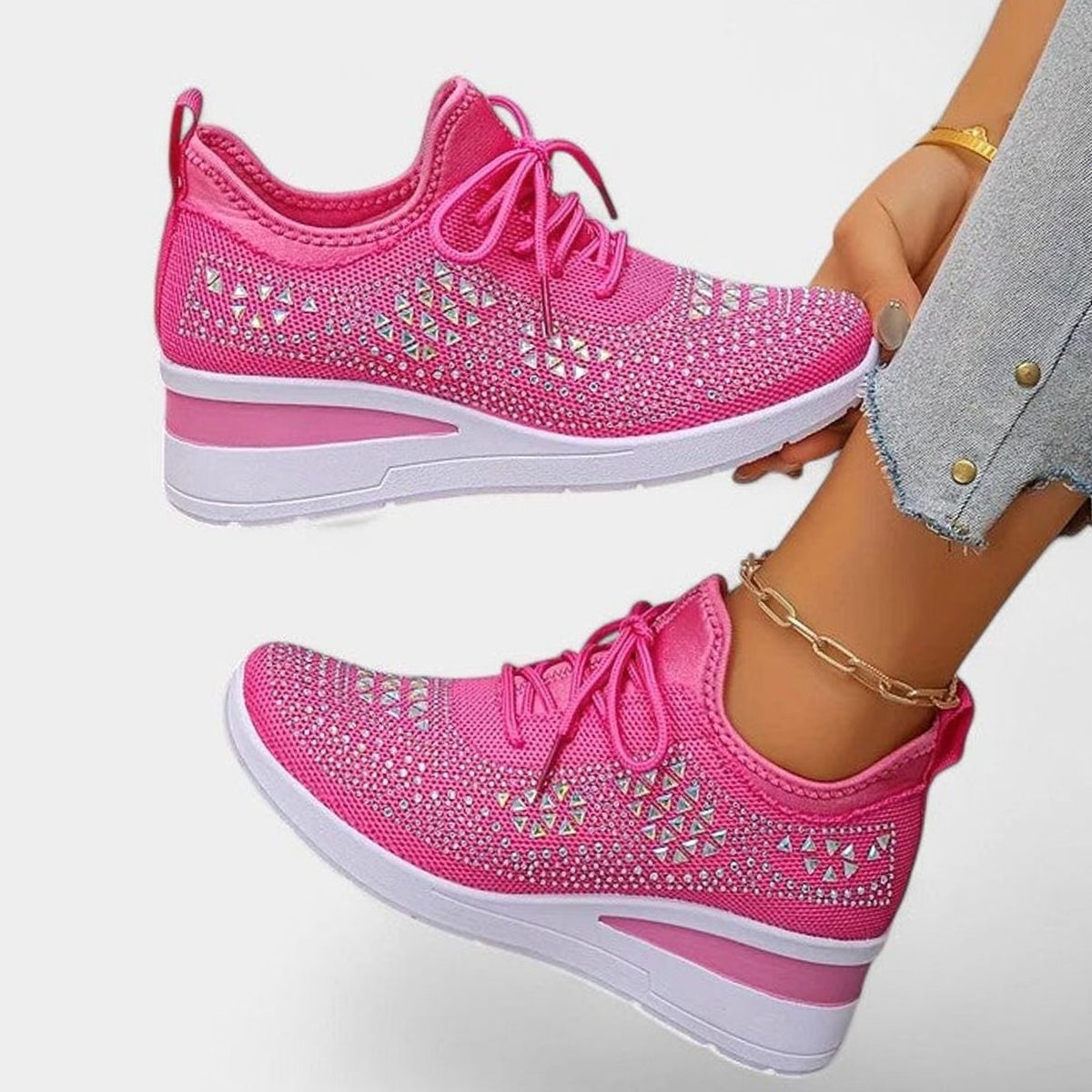 Women's Orthopedic Rhinestone Lace-Up Wedge Sneakers - Rose
