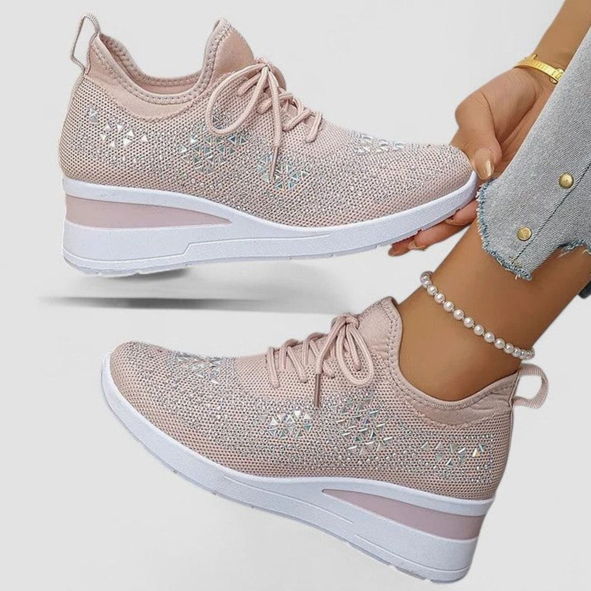 Women's Orthopedic Rhinestone Lace-Up Wedge Sneakers - Pink