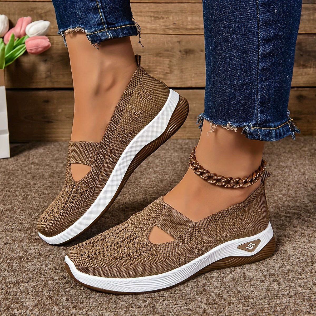 Women's Orthopedic Slip-On Comfortable Sandals Knit Trainers - Brown