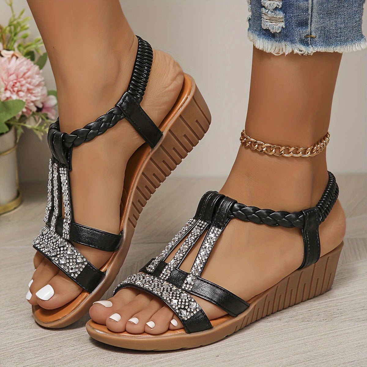 Women's Orthopedic T-Strap Embellished Wedge Sandals - Black