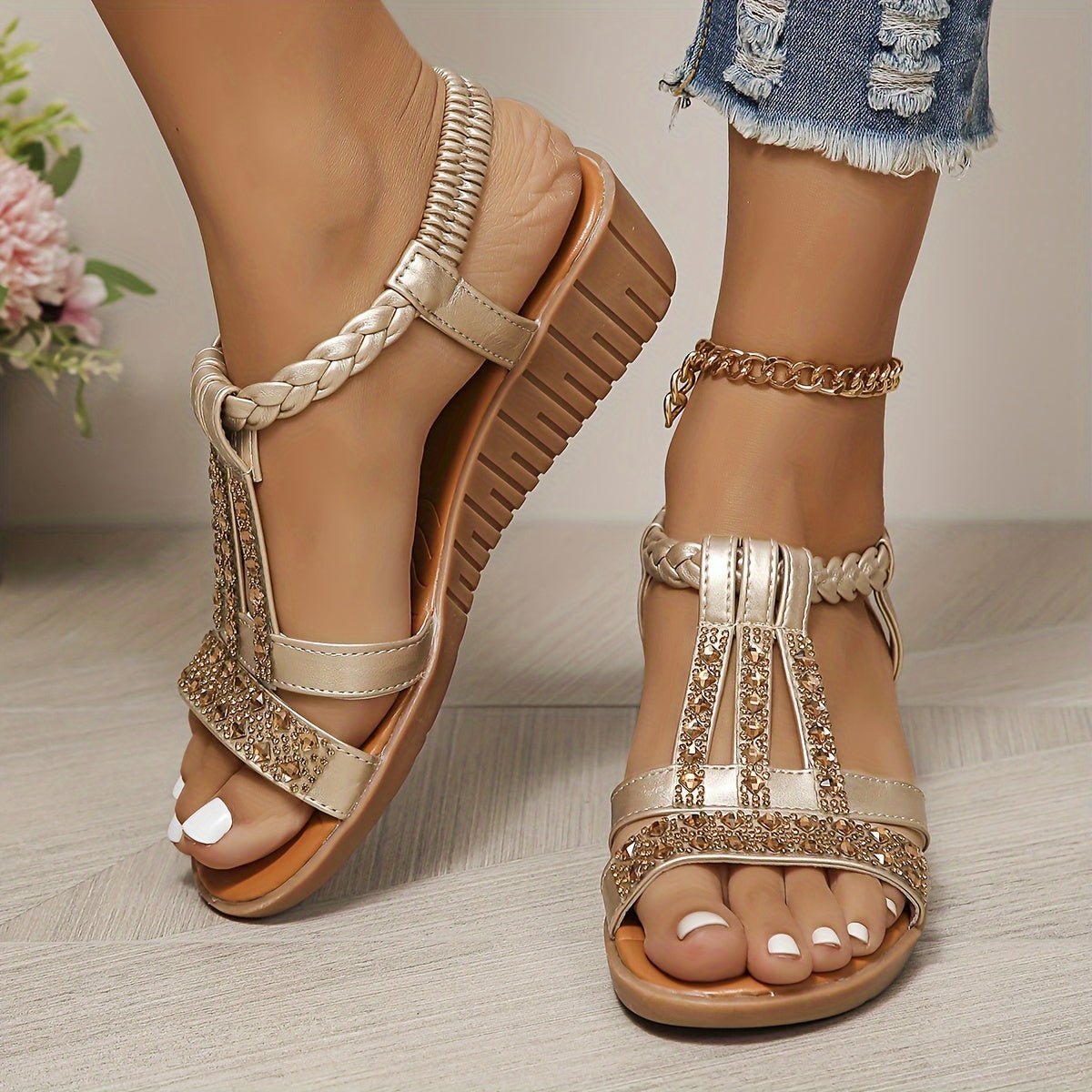 Women's Orthopedic T-Strap Embellished Wedge Sandals - Rose Gold