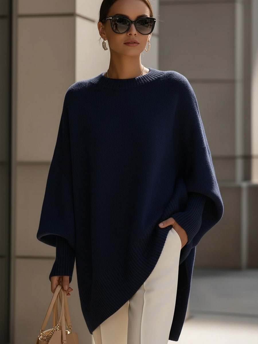 Women's Oversized Batwing Knit Draped Sweater - Navy Blue