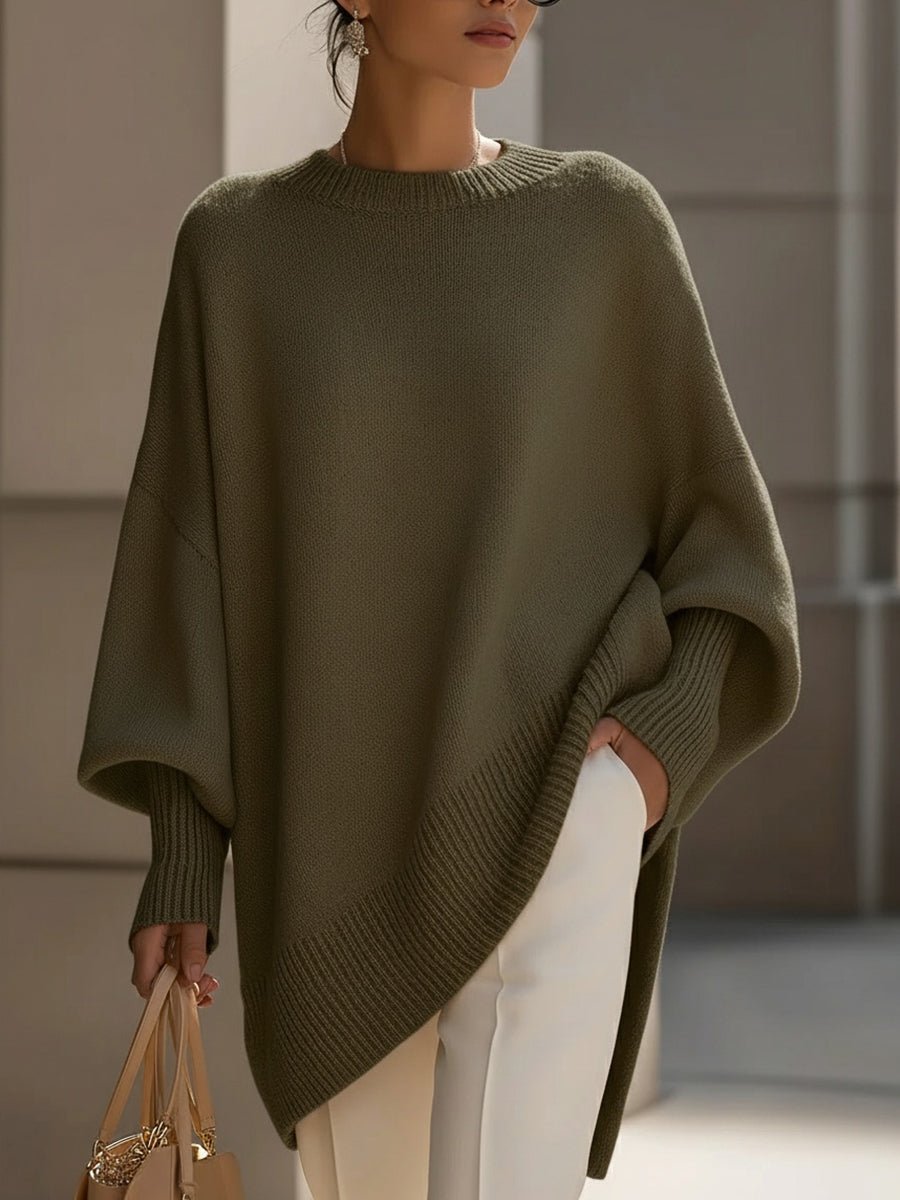 Women's Oversized Batwing Knit Draped Sweater - Olive Green