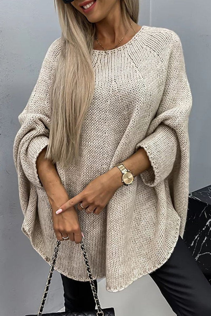 Women's Oversized Batwing-Sleeve Round-Neck Knit Sweater - Beige