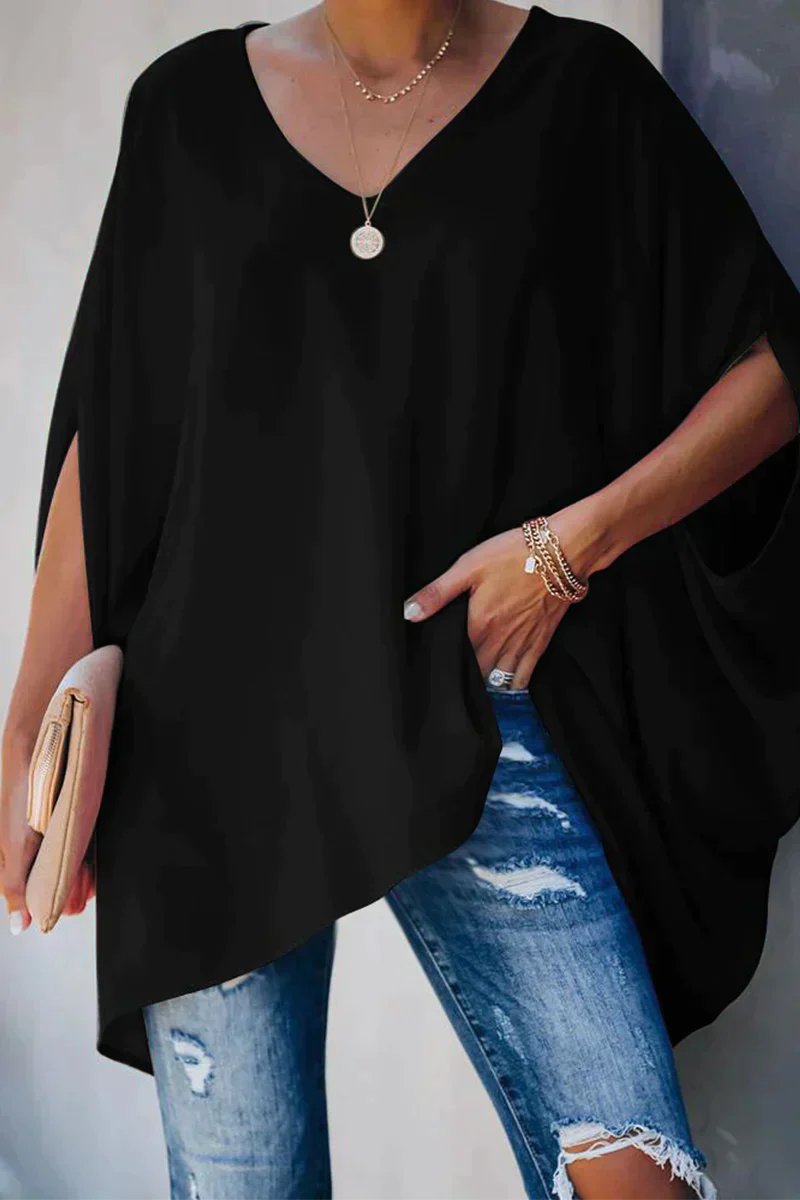 Women's Oversized Batwing-Sleeve V-Neck Longline Tunic Top - Schwarz
