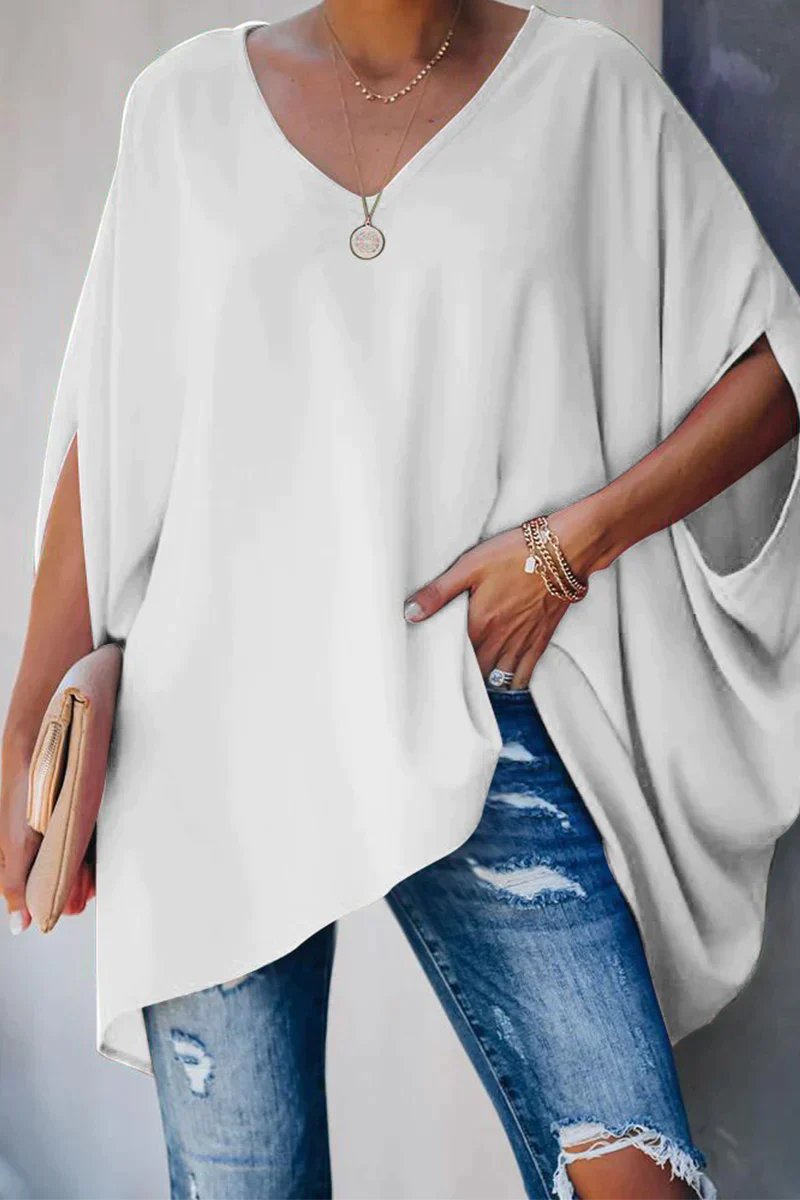 Women's Oversized Batwing-Sleeve V-Neck Longline Tunic Top - Weiß