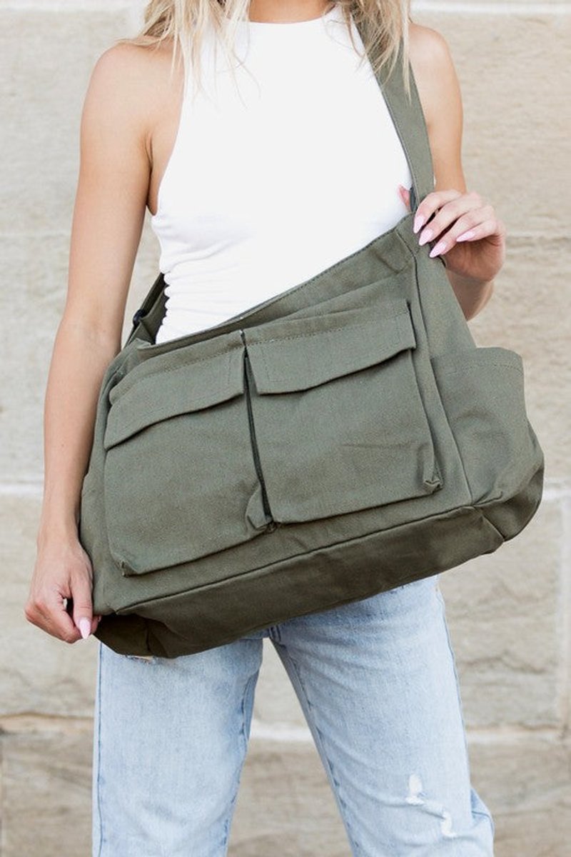 Women's Oversized Black Canvas Tote Bag Crossbody Messenger - Olive
