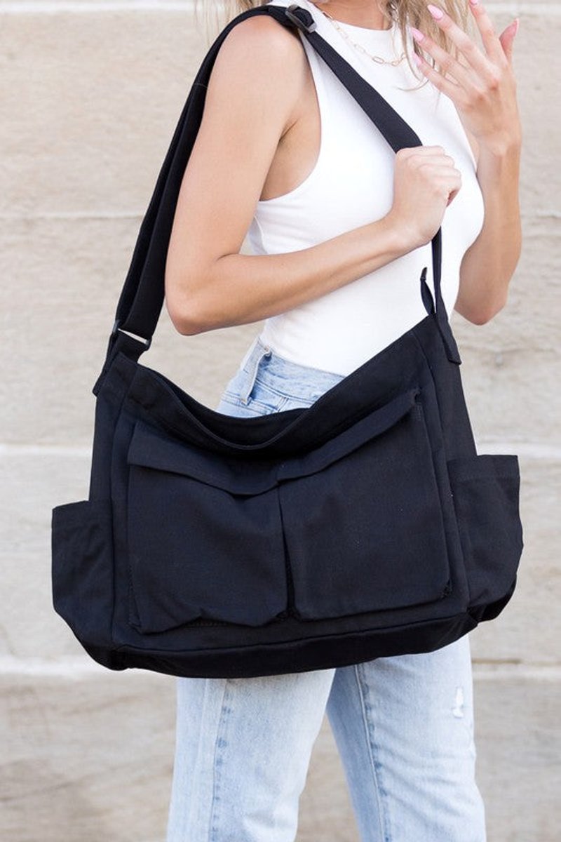 Women's Oversized Black Canvas Tote Bag Crossbody Messenger