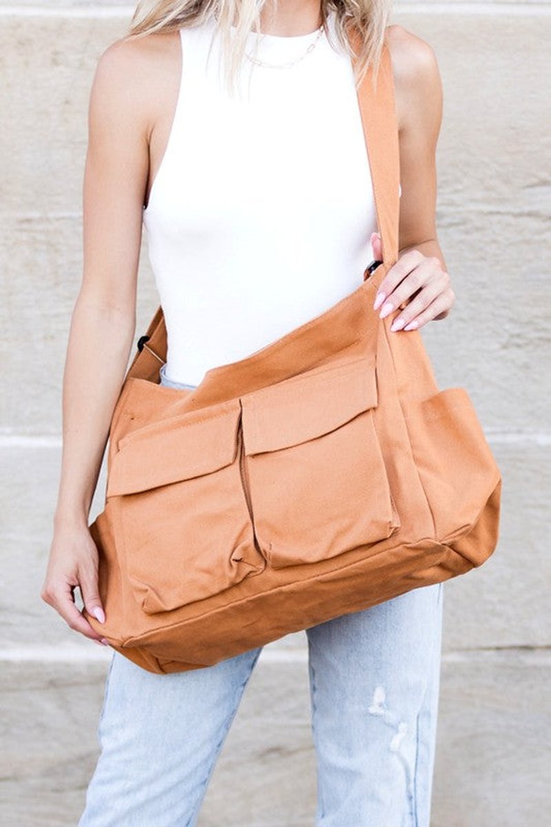 Women's Oversized Black Canvas Tote Bag Crossbody Messenger - Kamel