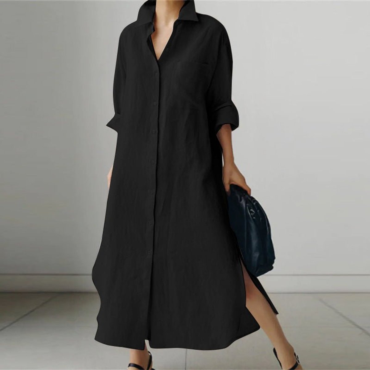 Women's Oversized Button-Down Long Sleeve Dress Collared Maxi Shirt - Black