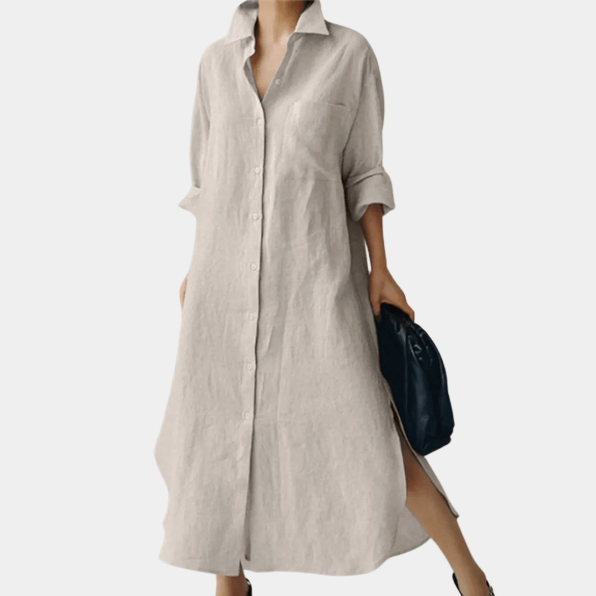 Women's Oversized Button-Down Long Sleeve Dress Collared Maxi Shirt - Natural Linen