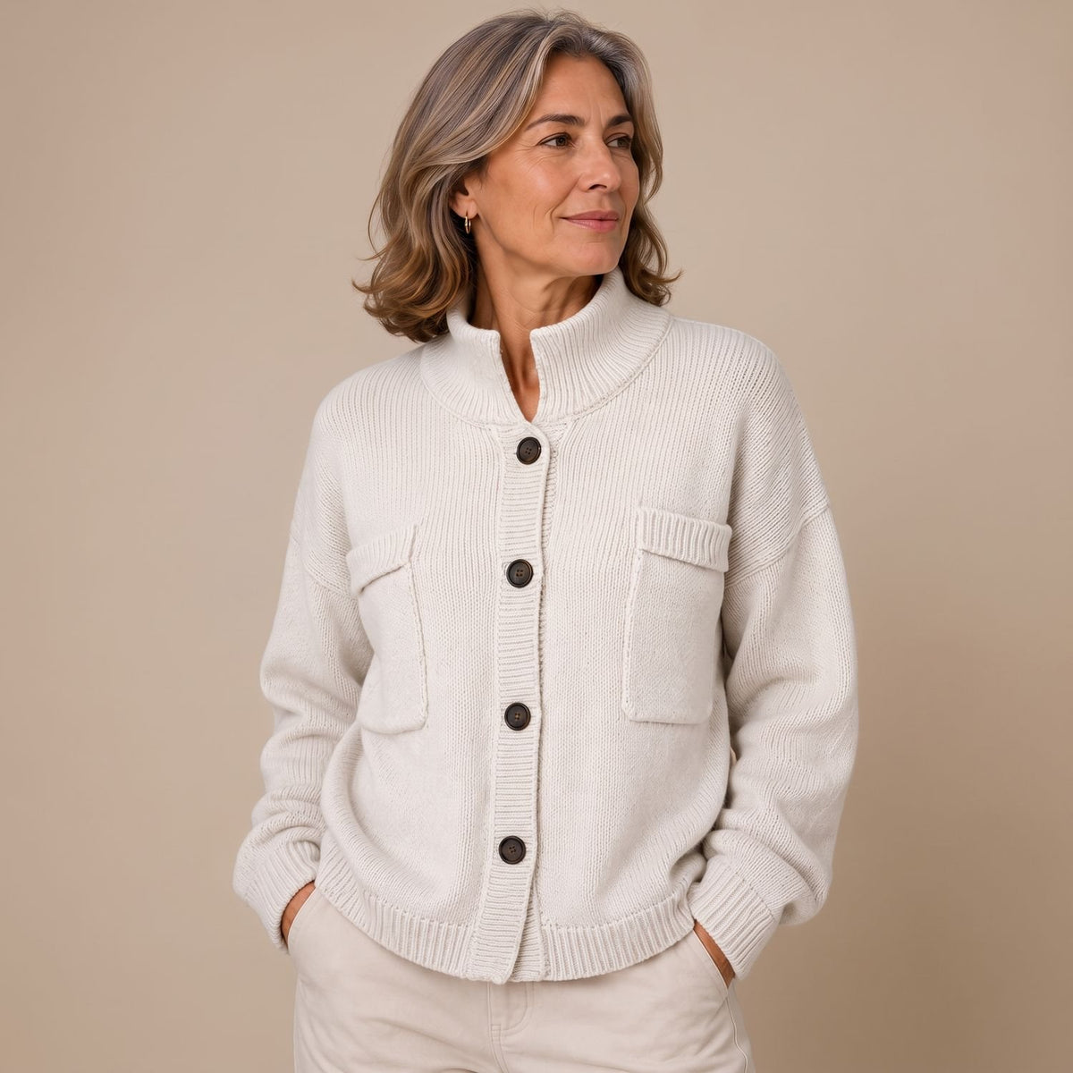 Women's Oversized Button-Front Collared Knit Cardigan - Cream