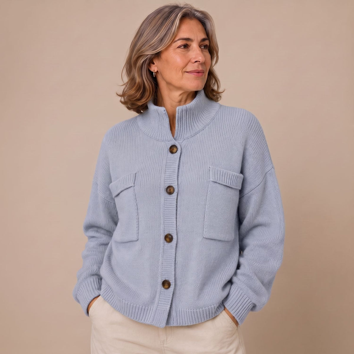 Women's Oversized Button-Front Collared Knit Cardigan - Light Blue