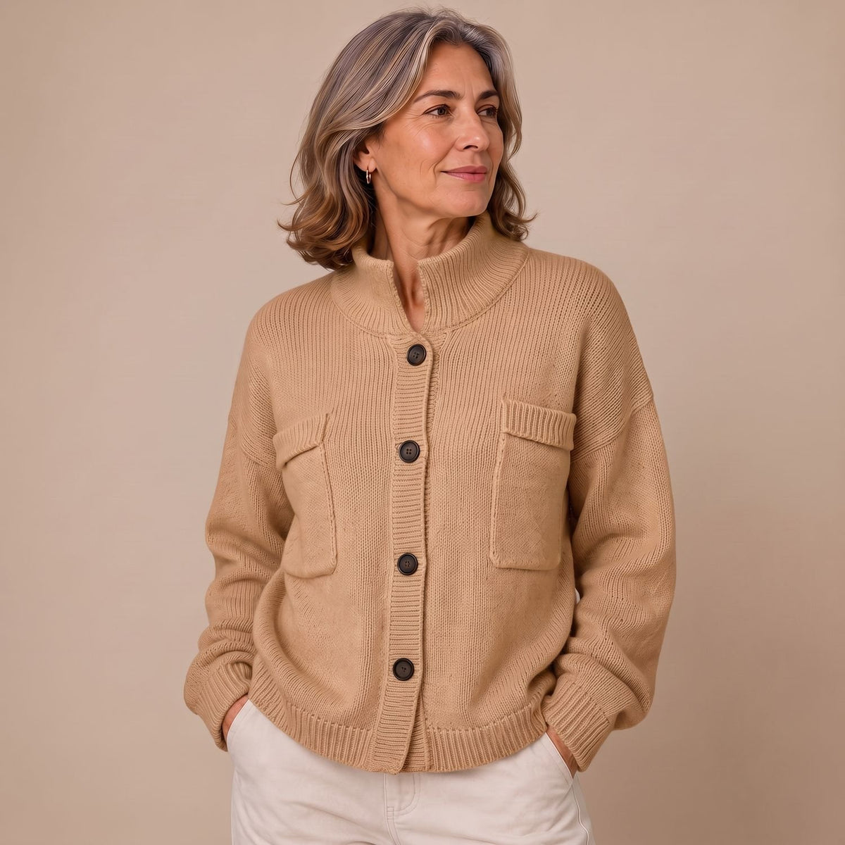 Women's Oversized Button-Front Collared Knit Cardigan - Camel