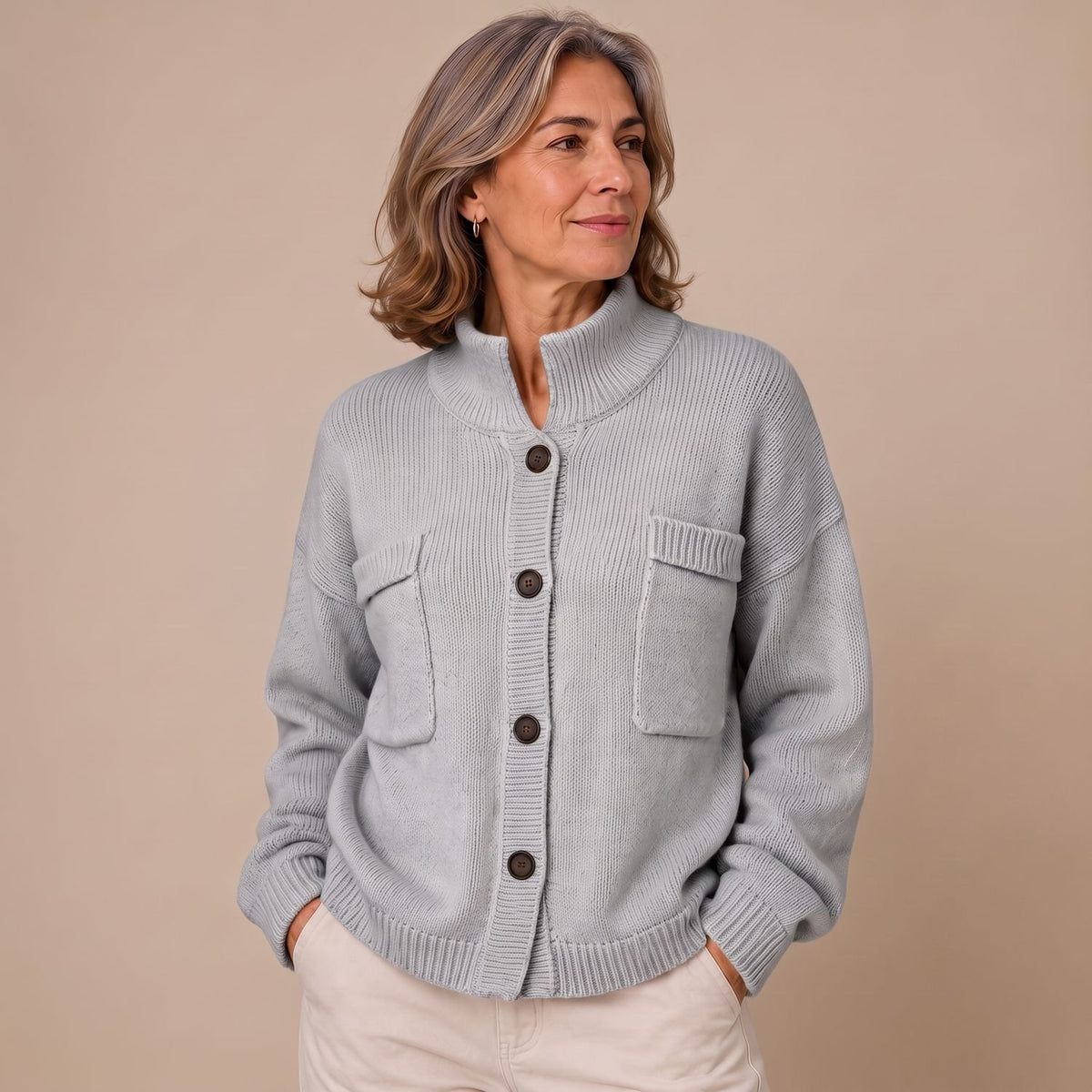Women's Oversized Button-Front Collared Knit Cardigan - Grey
