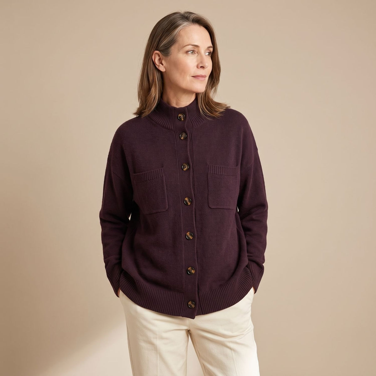 Women's Oversized Button-Front Collared Knit Cardigan - Chocolate