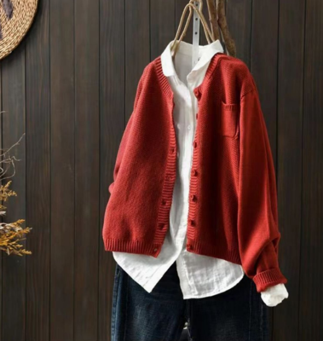 Women's Oversized Button-Up Knit Cardigan - Red