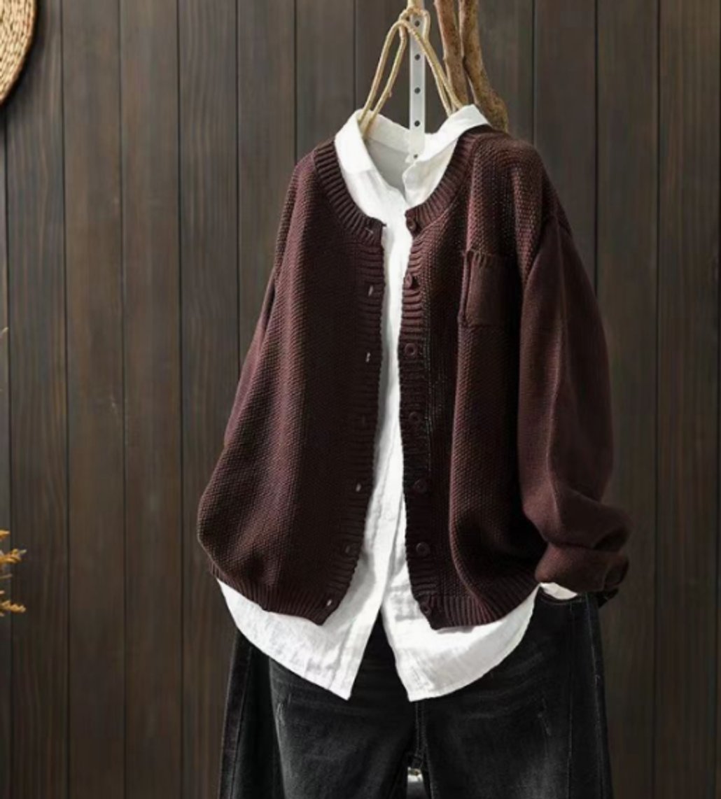 Women's Oversized Button-Up Knit Cardigan - Dark Brown