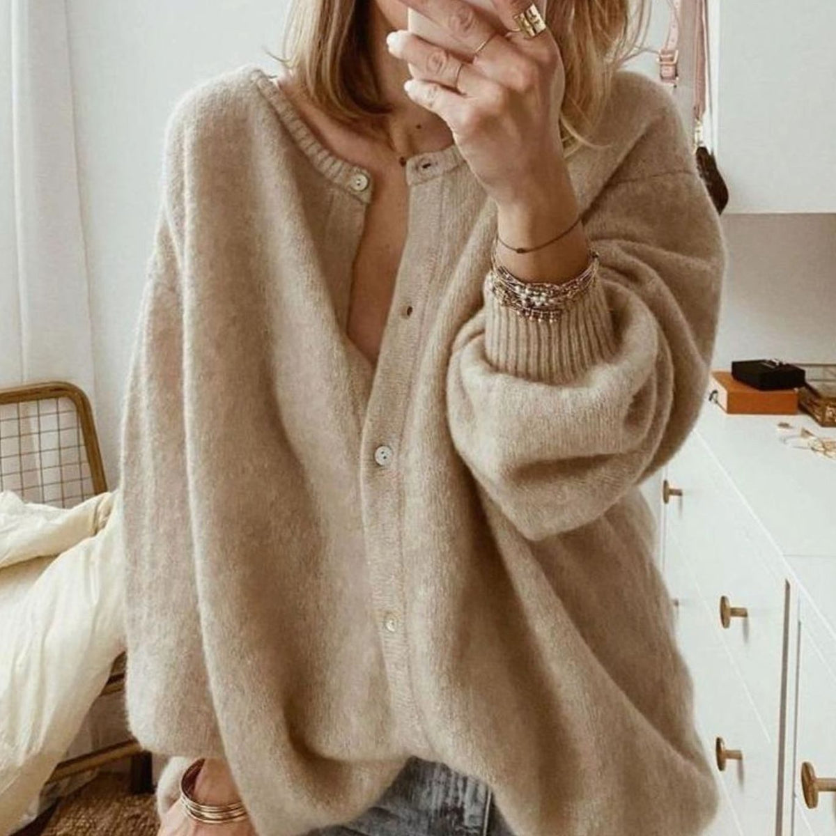 Women's Oversized Button-Up Knit Cardigan Balloon Sleeve - Brown