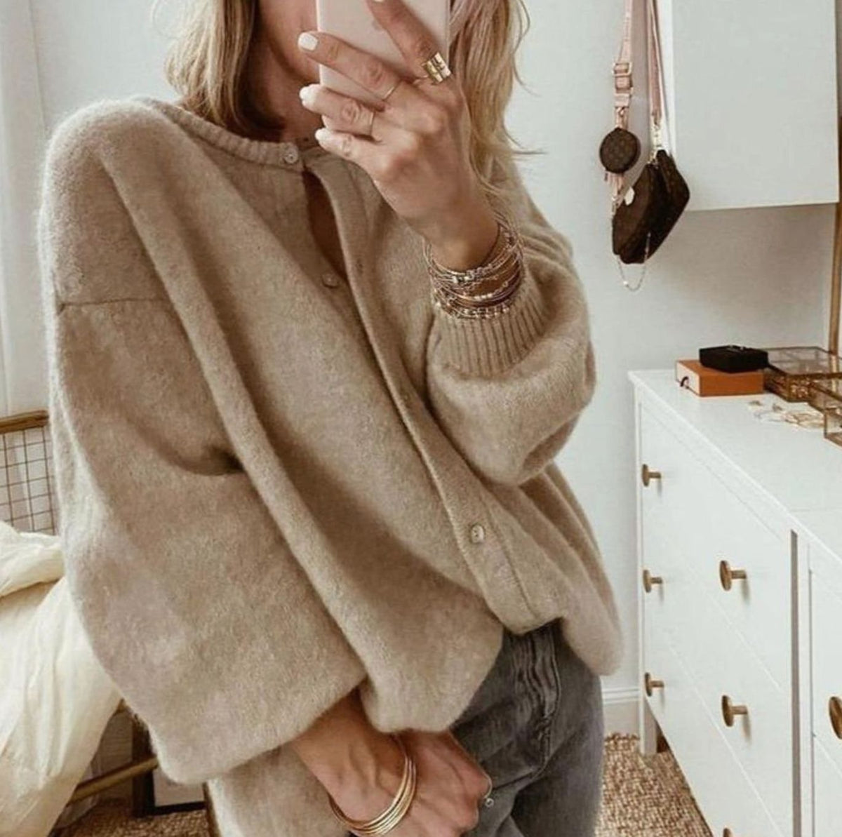 Women's Oversized Button-Up Knit Cardigan Balloon Sleeve