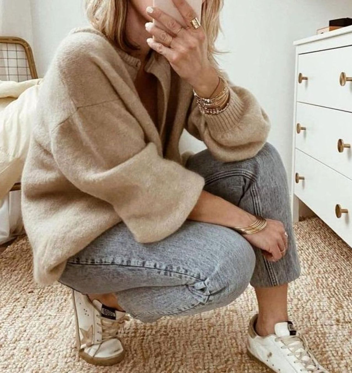 Women's Oversized Button-Up Knit Cardigan Balloon Sleeve