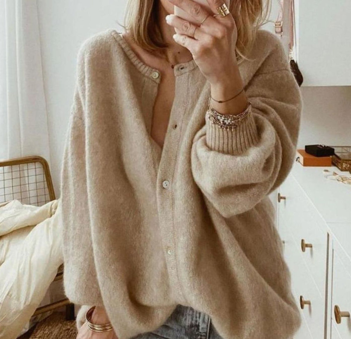 Women's Oversized Button-Up Knit Cardigan Balloon Sleeve