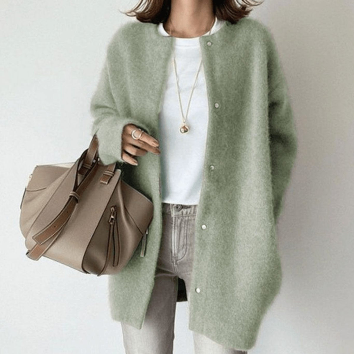Women's Oversized Button-Up Knit Cardigan Round Neck