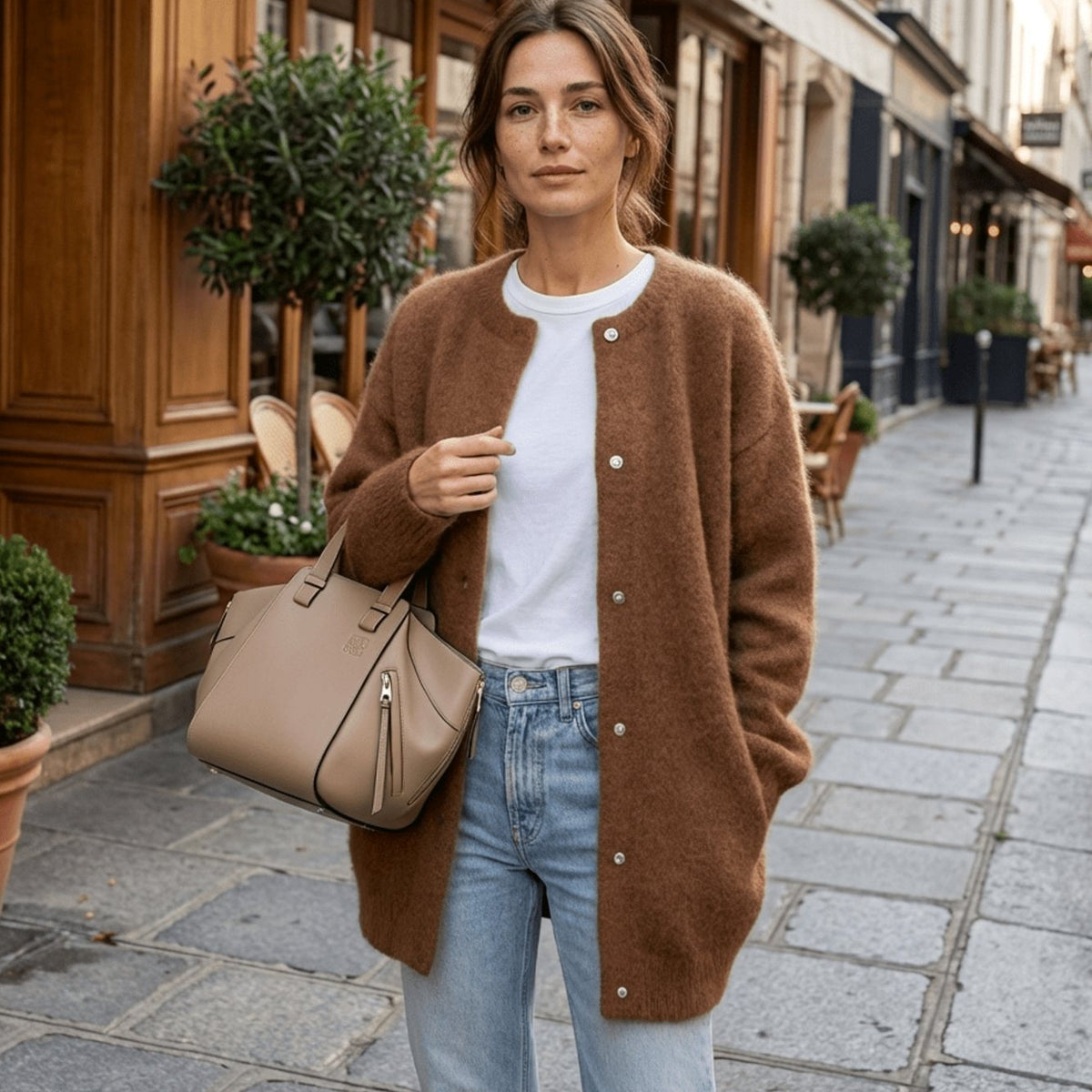 Women's Oversized Button-Up Knit Cardigan Round Neck - Caramel