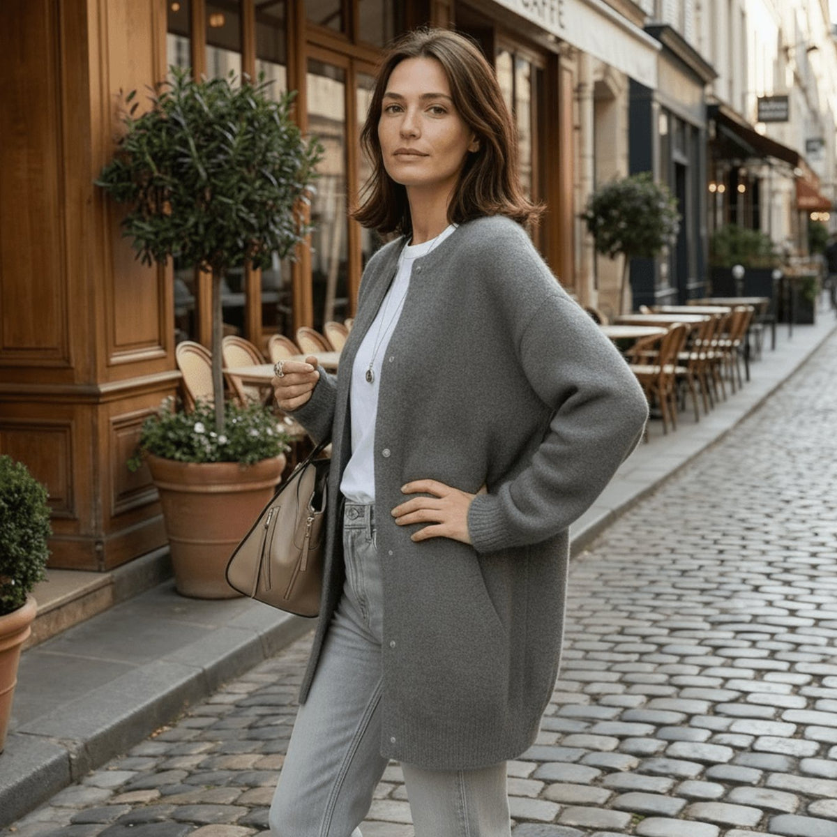Women's Oversized Button-Up Knit Cardigan Round Neck - Grey