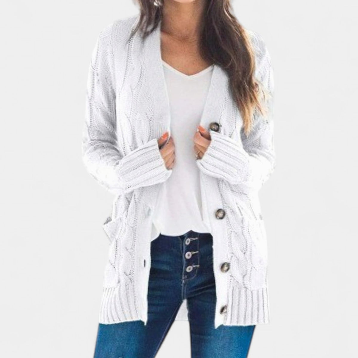 Women's Oversized Cable Knit Button-Front Cardigan - White