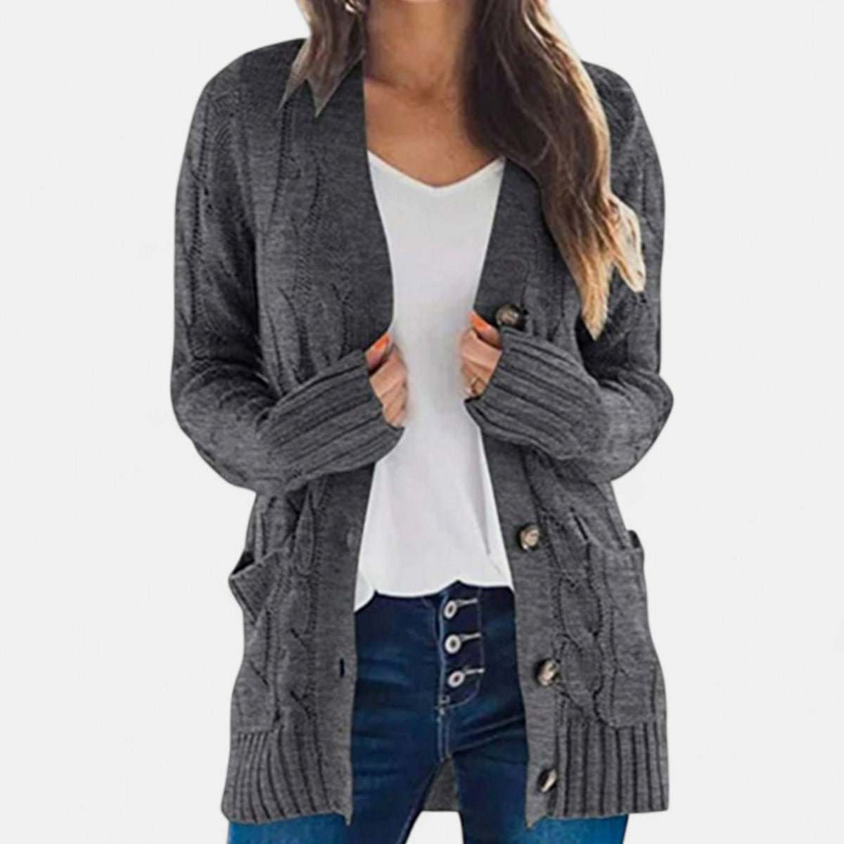 Women's Oversized Cable Knit Button-Front Cardigan - Dark Grey