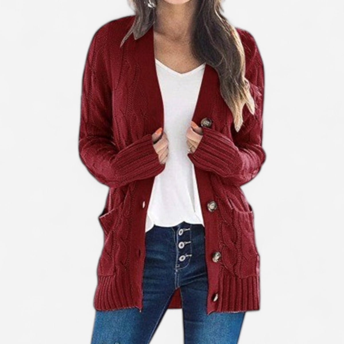 Women's Oversized Cable Knit Button-Front Cardigan - Burgundy