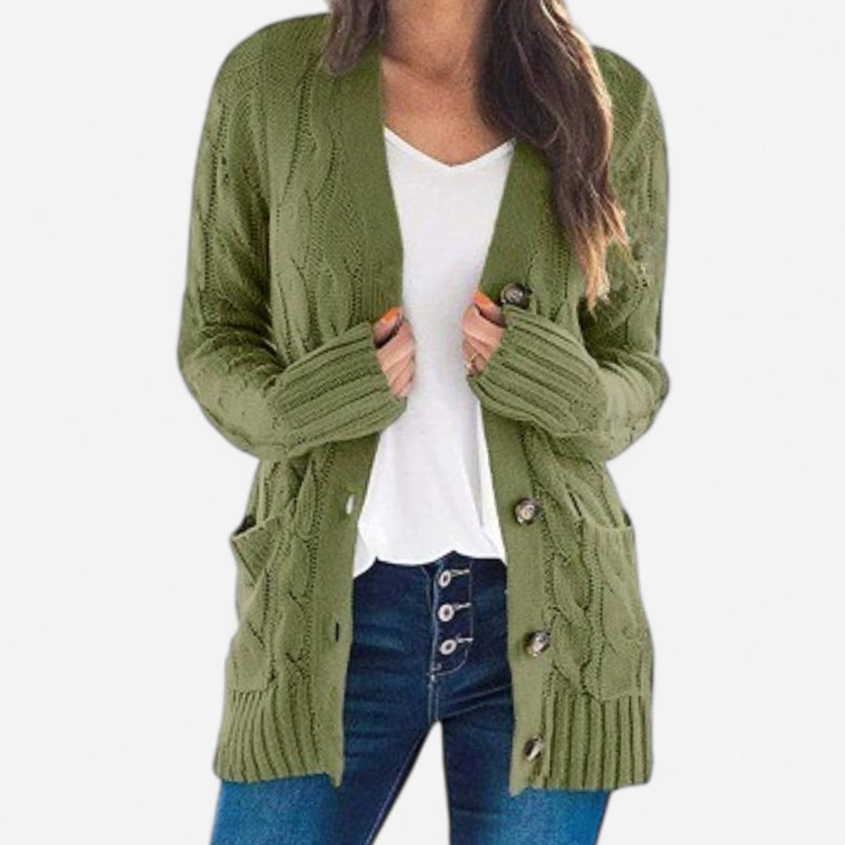 Women's Oversized Cable Knit Button-Front Cardigan - Army Green