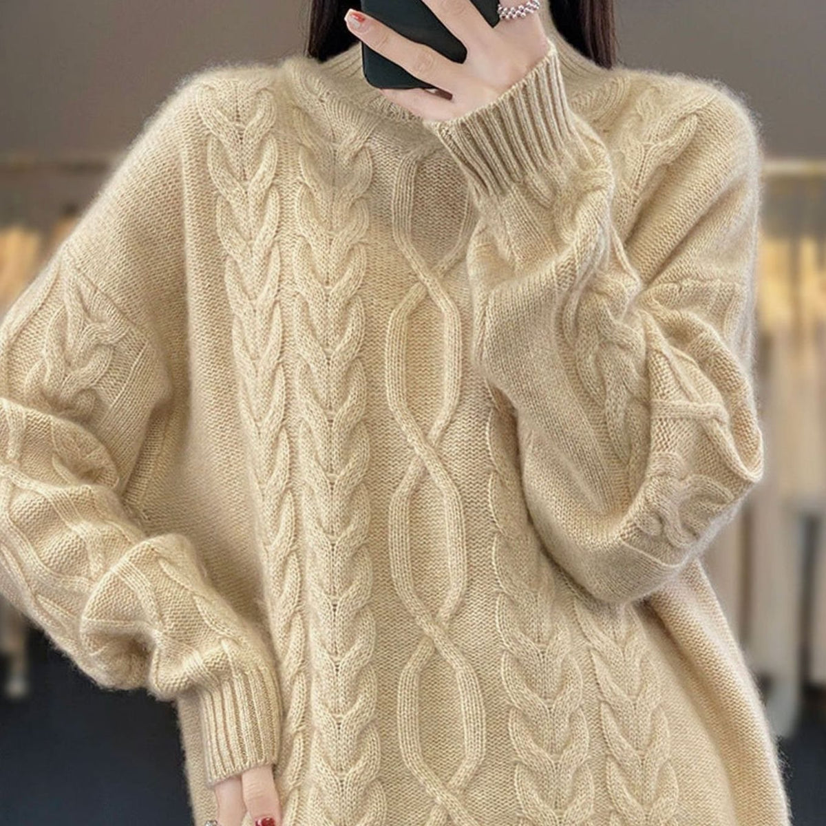 Women's Oversized Cable-Knit Crew Neck Jumper - Natural Beige