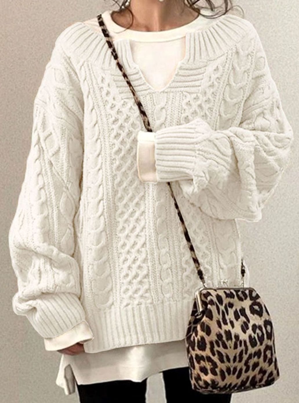 Women's Oversized Cable Knit Sweater V-Neck Layered Jumper - White