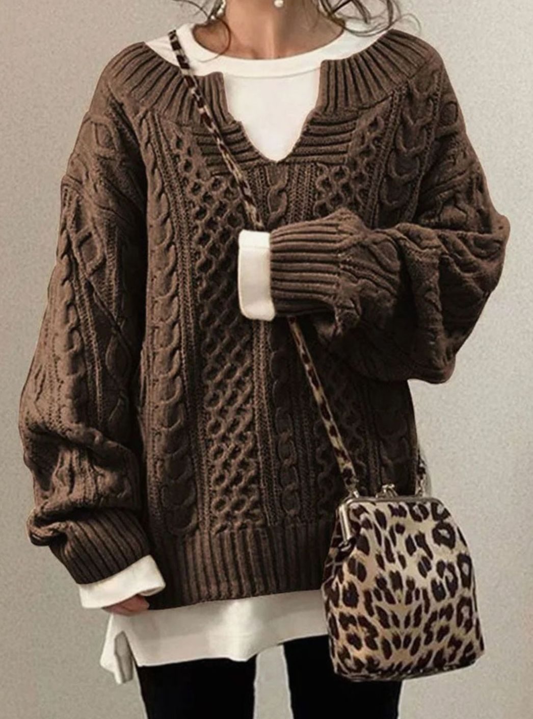 Women's Oversized Cable Knit Sweater V-Neck Layered Jumper - Brown