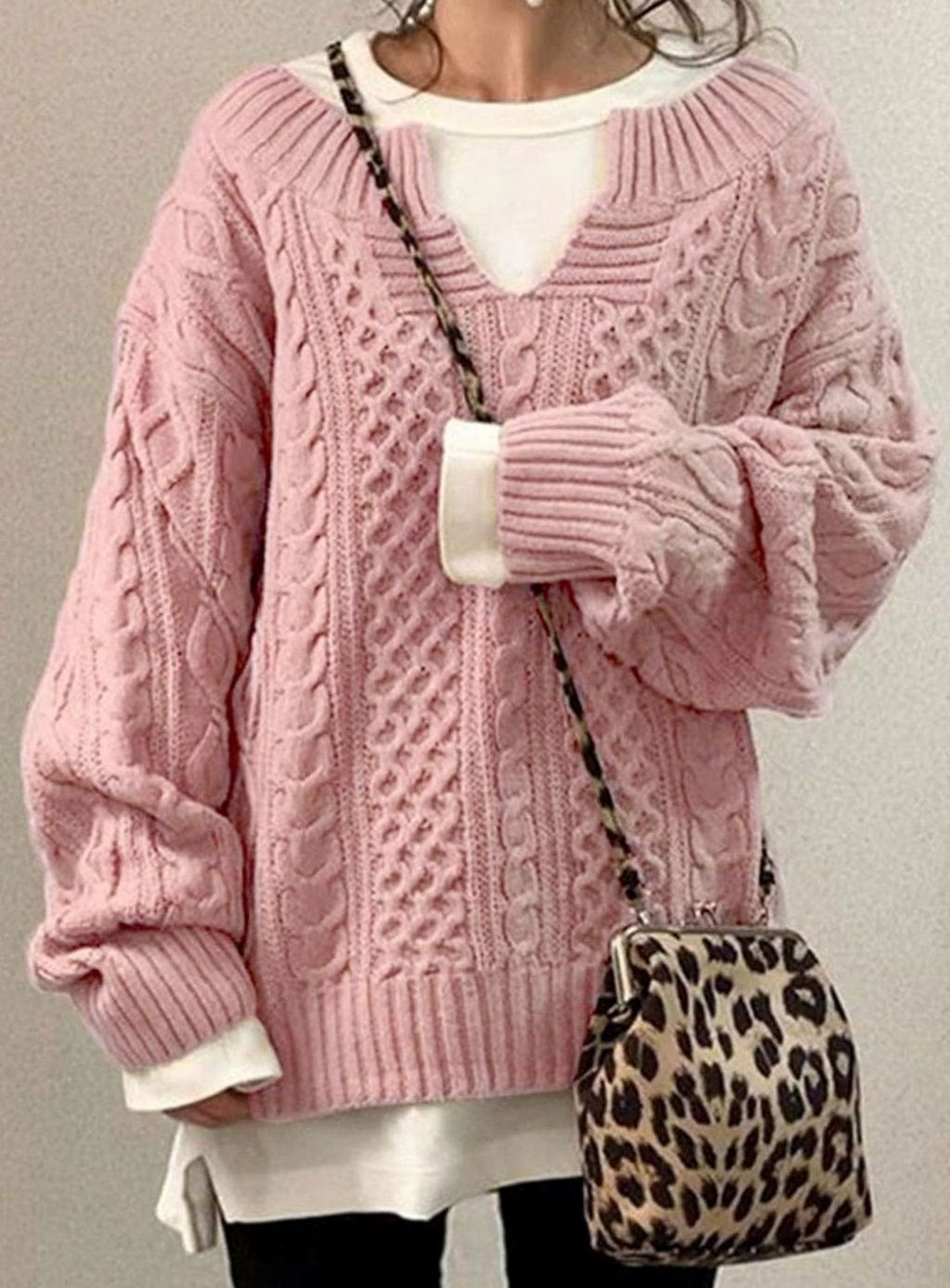 Women's Oversized Cable Knit Sweater V-Neck Layered Jumper - Pink