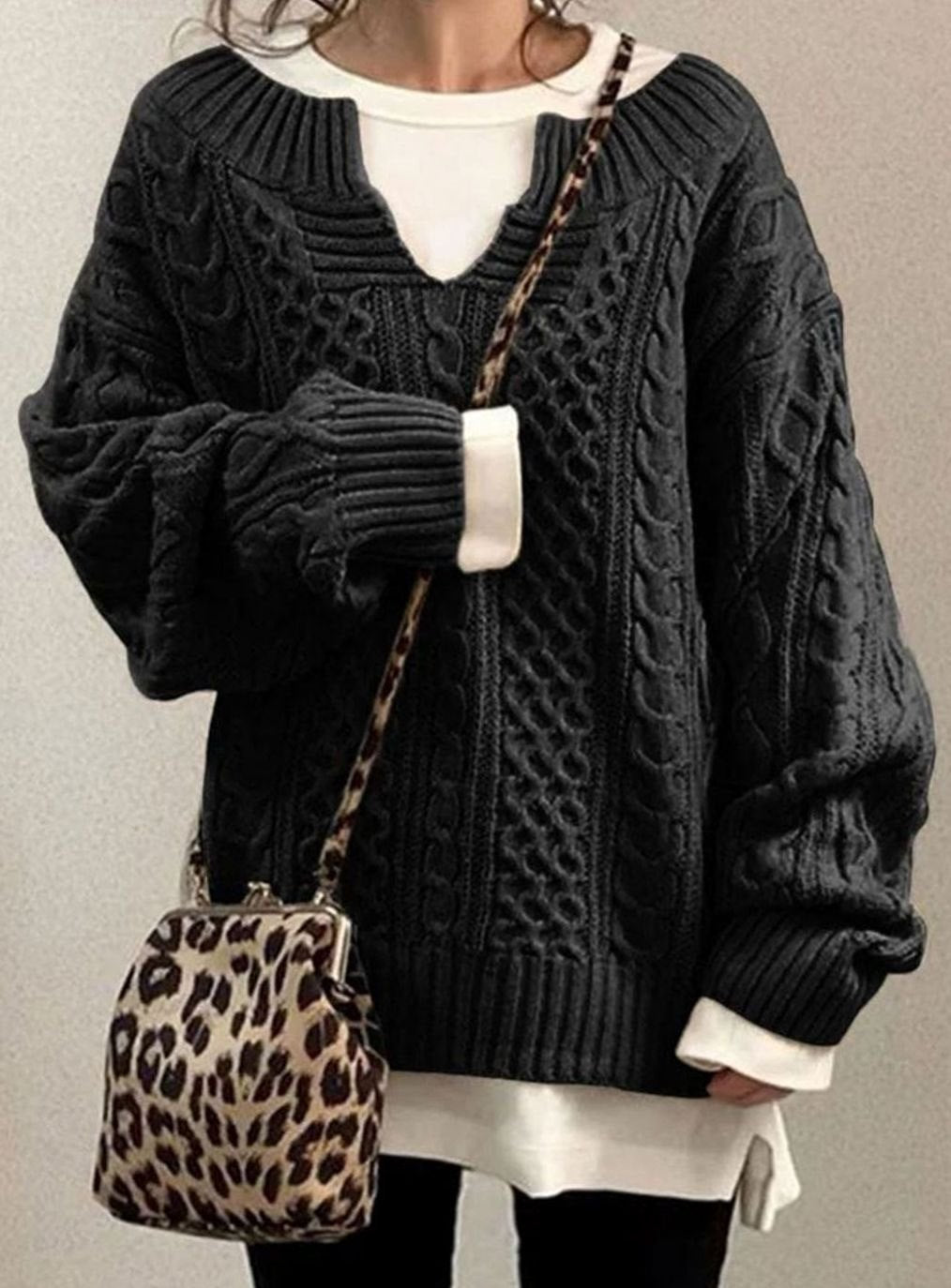 Women's Oversized Cable Knit Sweater V-Neck Layered Jumper - Black