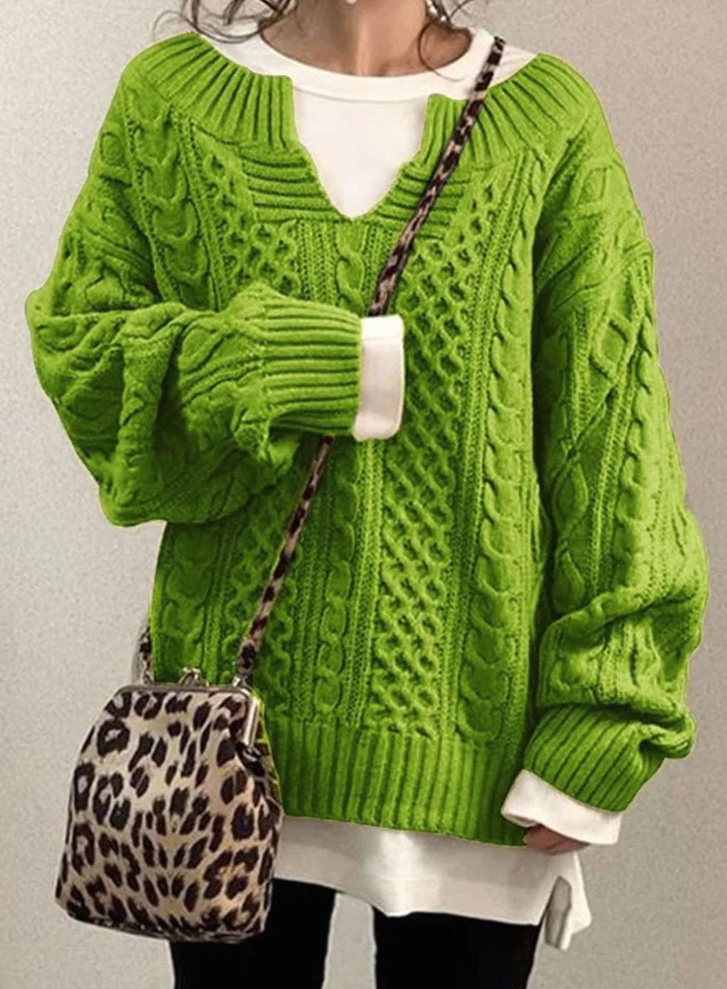 Women's Oversized Cable Knit Sweater V-Neck Layered Jumper - Green