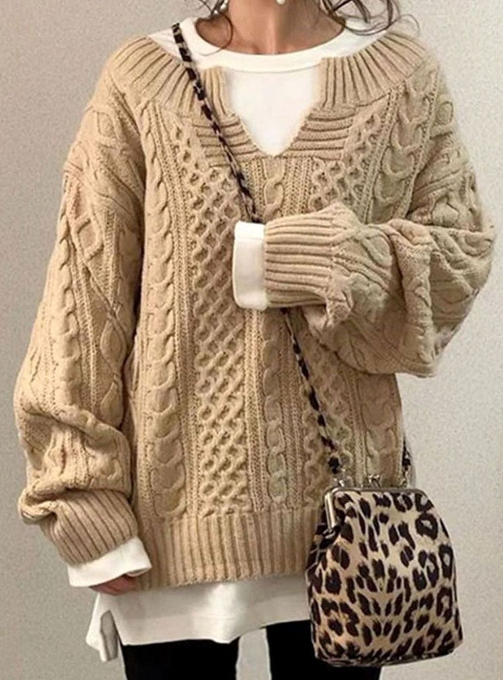 Women's Oversized Cable Knit Sweater V-Neck Layered Jumper - Beige
