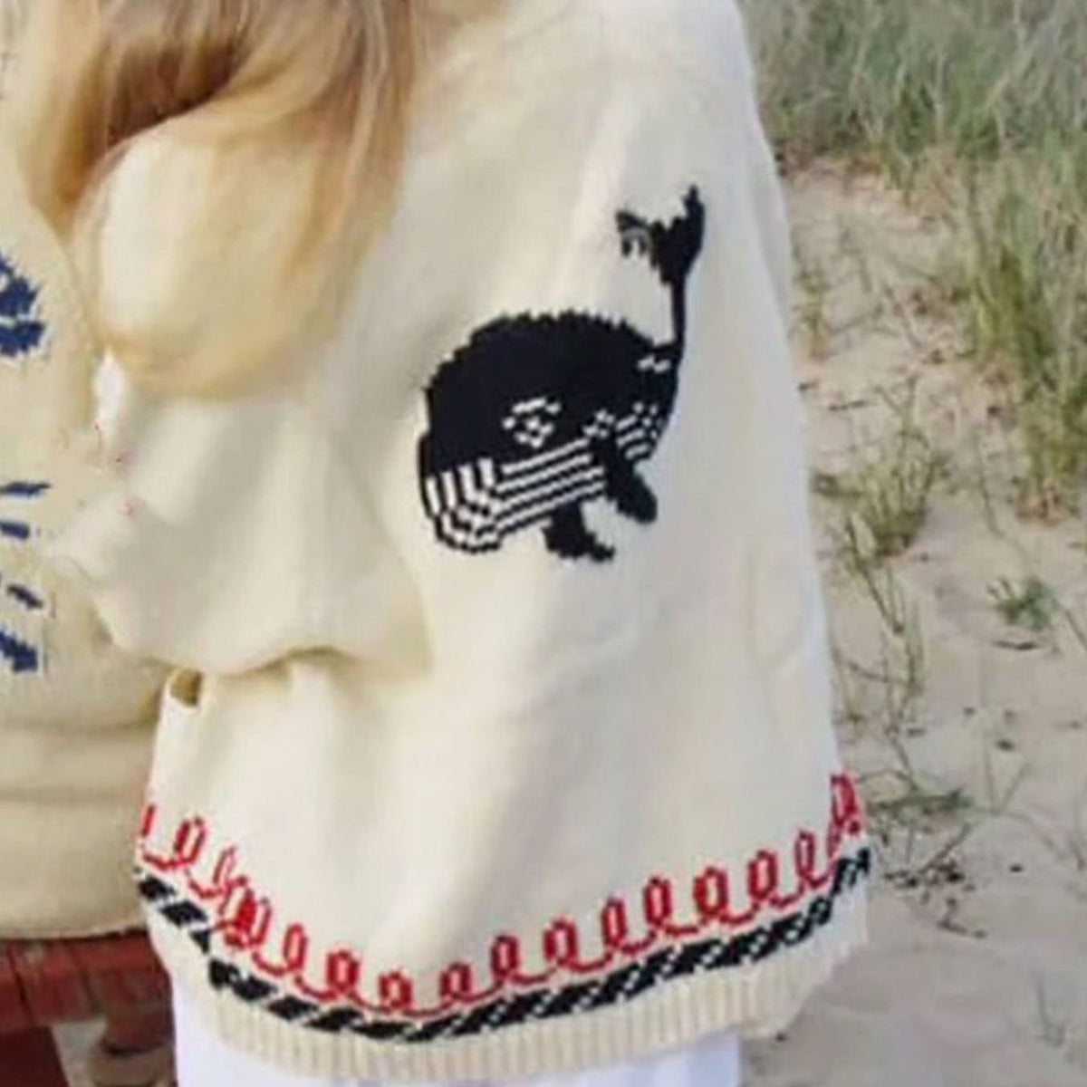 Women's Oversized Chunky Knit Cardigan Nautical Whale Motif - Blue (Whale)