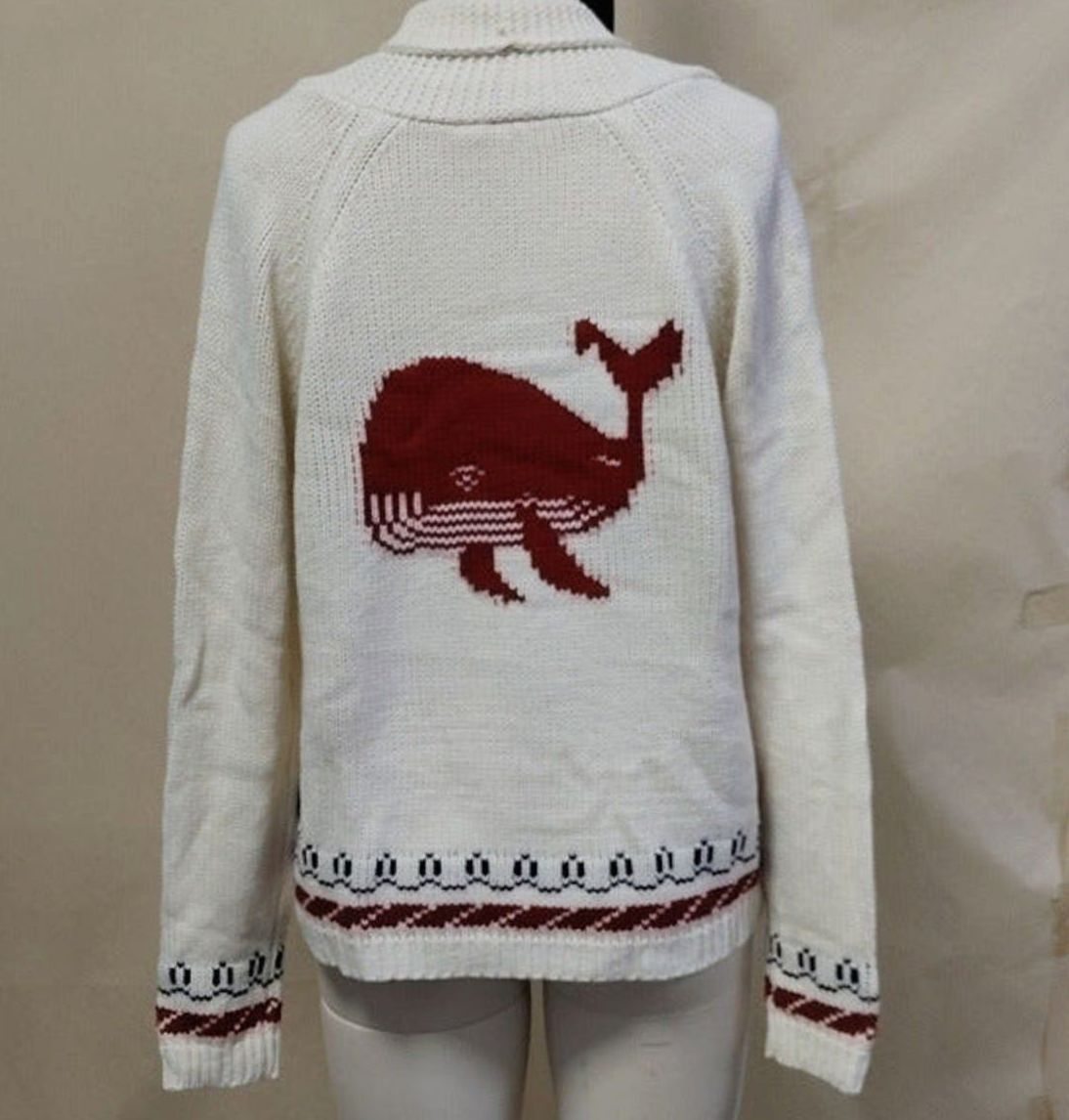 Women's Oversized Chunky Knit Cardigan Nautical Whale Motif - Red (Whale Motif)