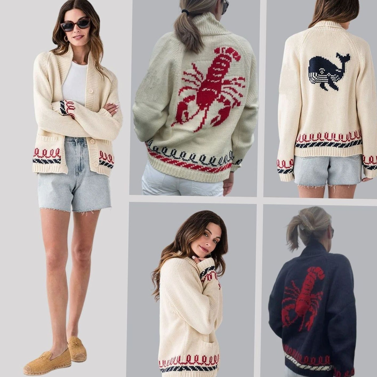Women's Oversized Chunky Knit Cardigan Nautical Whale Motif