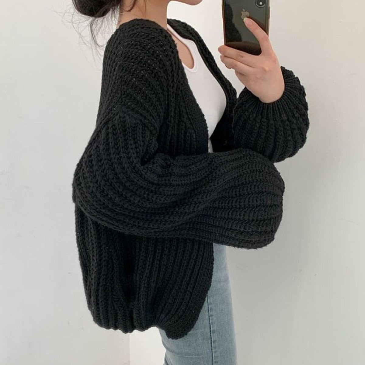 Women's Oversized Chunky Knit Open Front Cardigan Balloon Sleeves - Black
