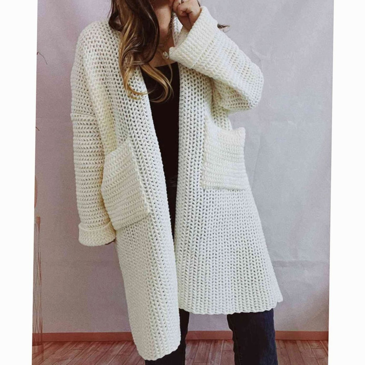 Women's Oversized Chunky Knit Open-Front Cardigan with Pockets