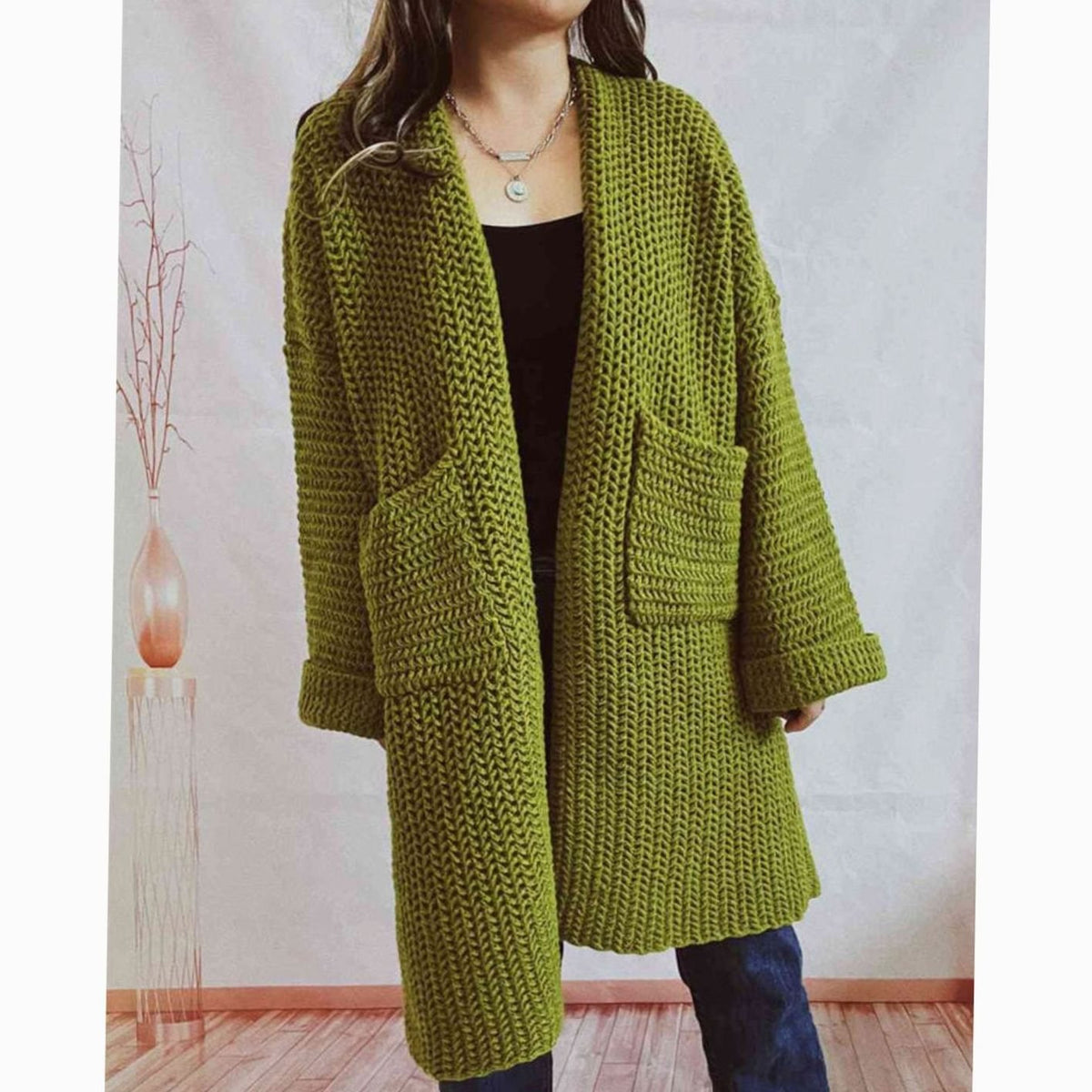 Women's Oversized Chunky Knit Open-Front Cardigan with Pockets - Moss
