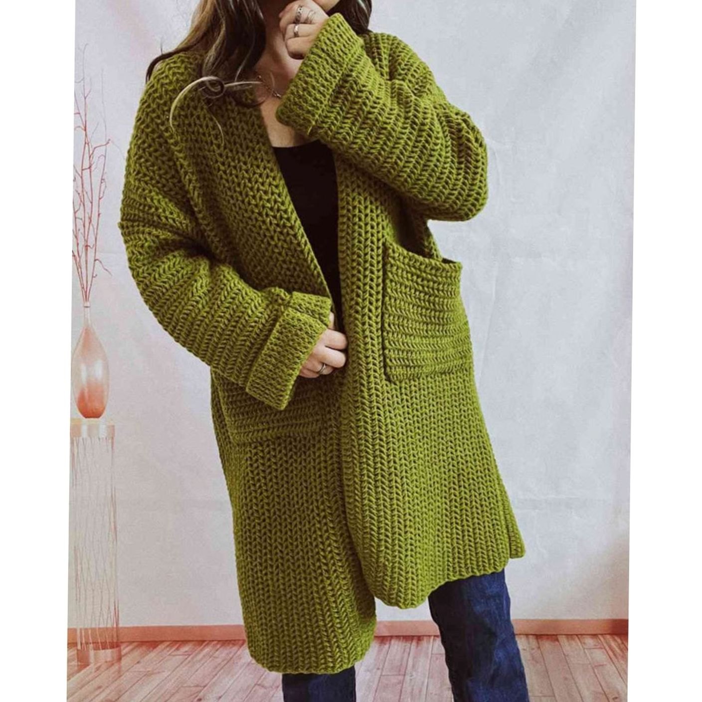 Women's Oversized Chunky Knit Open-Front Cardigan with Pockets